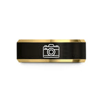 couples anniversary ring ideas – black & gold tungsten film camera wedding band