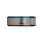 engraved rings for couples – black & blue & gray tungsten beachy lighthouse waves wedding band
