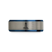 engraved rings for couples – black & blue & gray tungsten beachy lighthouse waves wedding band
