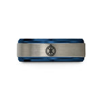 engraved rings for men – blue & gray tungsten spot compass wedding band