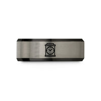 custom men’s ring designs – black & gray tungsten station clock wedding band