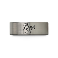 engraved rings for couples – gold & grey tungsten trumpet player wedding band