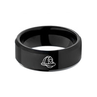 engraved rings for couples – black tungsten fire helmet wedding band