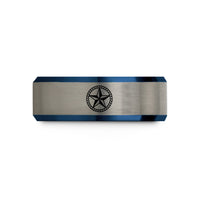 engraved rings for couples – black & blue & silver tungsten nautical star wedding band