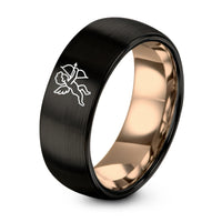 1st Gift Anniversaries for Him – black & rose gold tungsten cupid silhouette bow ring