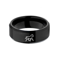 men's personalized wedding band – black tungsten trotting horse wedding band