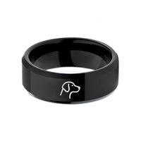 personalized couple rings present – black tungsten dog silhouette wedding band