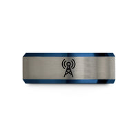 unique anniversary present ideas – black & blue & silver tungsten beacon waves wedding band
