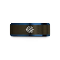 unique rings for couples – gunmetal & blue tungsten compass north wedding band