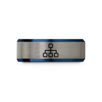 engraved rings for her – blue & grey tungsten decision tree icon wedding band