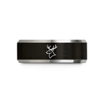 women’s laser engraved rings – black & silver tungsten elk bull wedding band