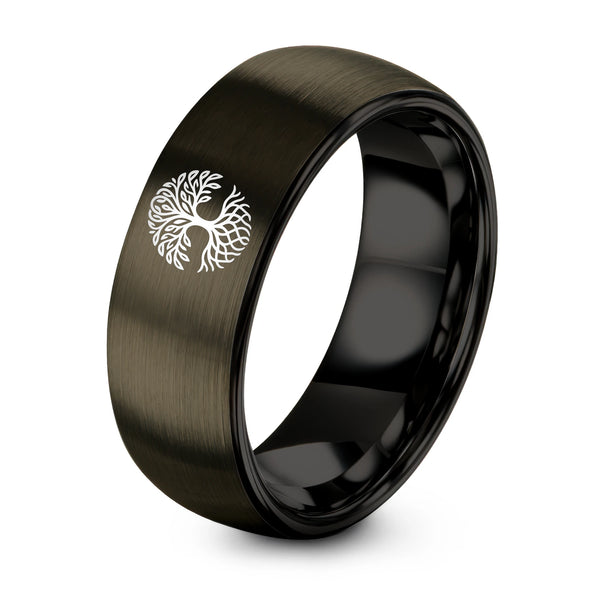 Willow Roots – Tungsten Wedding Band, 8 mm, Black, Gunmetal Comfort-Fit Unisex