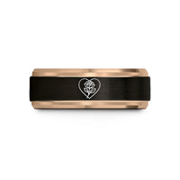 custom rings for women – black & rose gold tungsten floral heart rose wedding band