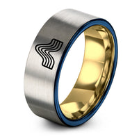 engraved promise rings set – gold & blue & grey tungsten spectrum line wave ring
