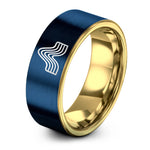 couples anniversary ring set – gold & blue tungsten spectrum line wave ring