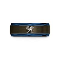 engraved rings for couples – gunmetal & blue tungsten squash racquets wedding band