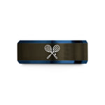 engraved rings for couples – gunmetal & blue tungsten squash racquets wedding band