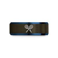 engraved rings for couples – gunmetal & blue tungsten squash racquets wedding band