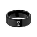 custom engraved rings – black tungsten sigil of lucifer wedding band