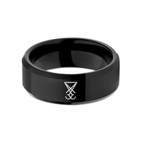 custom engraved rings – black tungsten sigil of lucifer wedding band