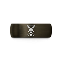custom engraved rings – gunmetal & black tungsten sigil of lucifer wedding band