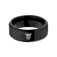 custom engraved rings – black tungsten moth on skull wedding band