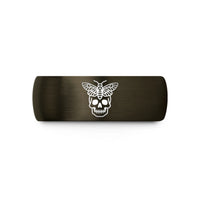 custom engraved rings – gunmetal & black tungsten moth on skull wedding band
