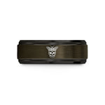 custom engraved rings – gunmetal & black tungsten moth on skull wedding band