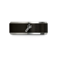 engraved silver ring present – black & grey tungsten adjustable wrench wedding band