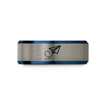 custom engraved rings him – blue & silver tungsten paper plane path wedding band
