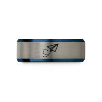 custom engraved rings him – blue & silver tungsten paper plane path wedding band