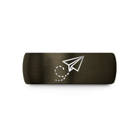 custom engraved rings him – gunmetal & blue tungsten paper plane path wedding band