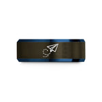 custom engraved rings him – gunmetal & blue tungsten paper plane path wedding band