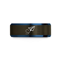 custom engraved rings him – gunmetal & blue tungsten paper plane path wedding band