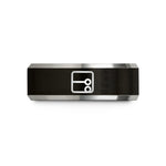 custom engraved wedding band – black & silver tungsten repeat sign wedding band