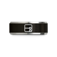 custom engraved wedding band – black & silver tungsten repeat sign wedding band