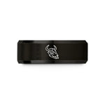 engraved rings for couples – black tungsten wildebeest skull circle wedding band