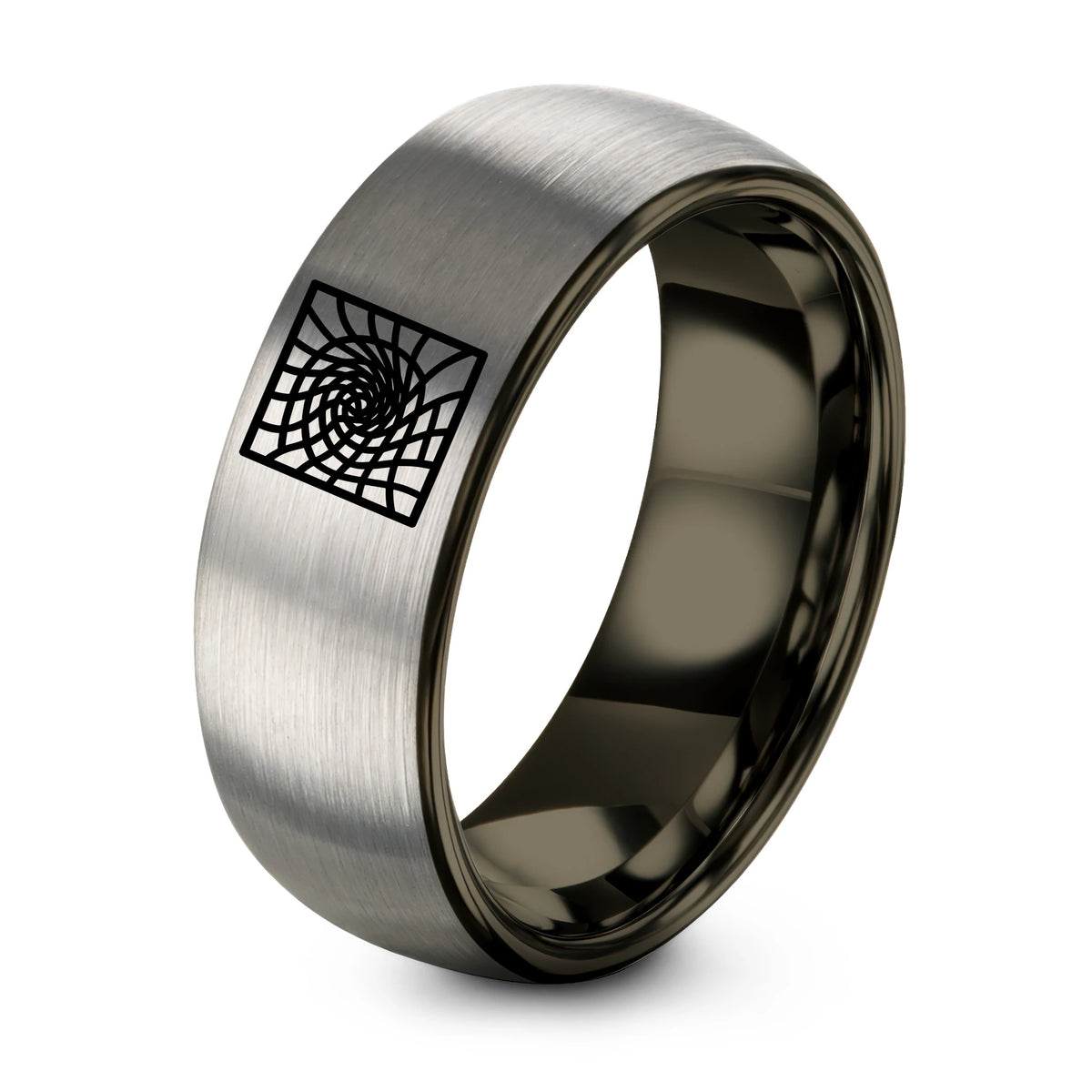 28th Wedding Gift Anniversaries – gunmetal & silver tungsten vortex grid warp ring