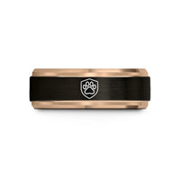 personalized rings for men – black & rose gold tungsten paw print badge wedding band