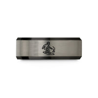 engraved bands for her – black & blue & grey tungsten cutback turn spray wedding band