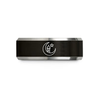 engraved bands for couples – black & gray tungsten moon minaret star wedding band
