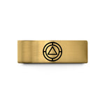 personalized engraved rings online – gold tungsten sobriety chip icon wedding band