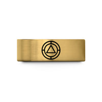 personalized engraved rings online – gold tungsten sobriety chip icon wedding band