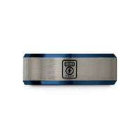 engraved rings for her – blue & gray tungsten smart meter wedding band