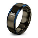 matching rings for partners – gunmetal & blue tungsten hazard stripes ring