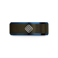 personalized rings for couples – gunmetal & blue tungsten hazard stripes wedding band