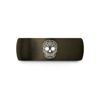 matching couple ring sets – gunmetal & rose gold tungsten sugar skull calavera wedding band