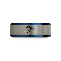 personalized rings for men – black & blue & gray tungsten heron wedding band