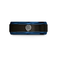 tungsten rings for men – black & blue tungsten tilted globe wedding band