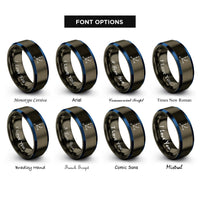 font options for inside engraving on gunmetal & blue 3d axes rings